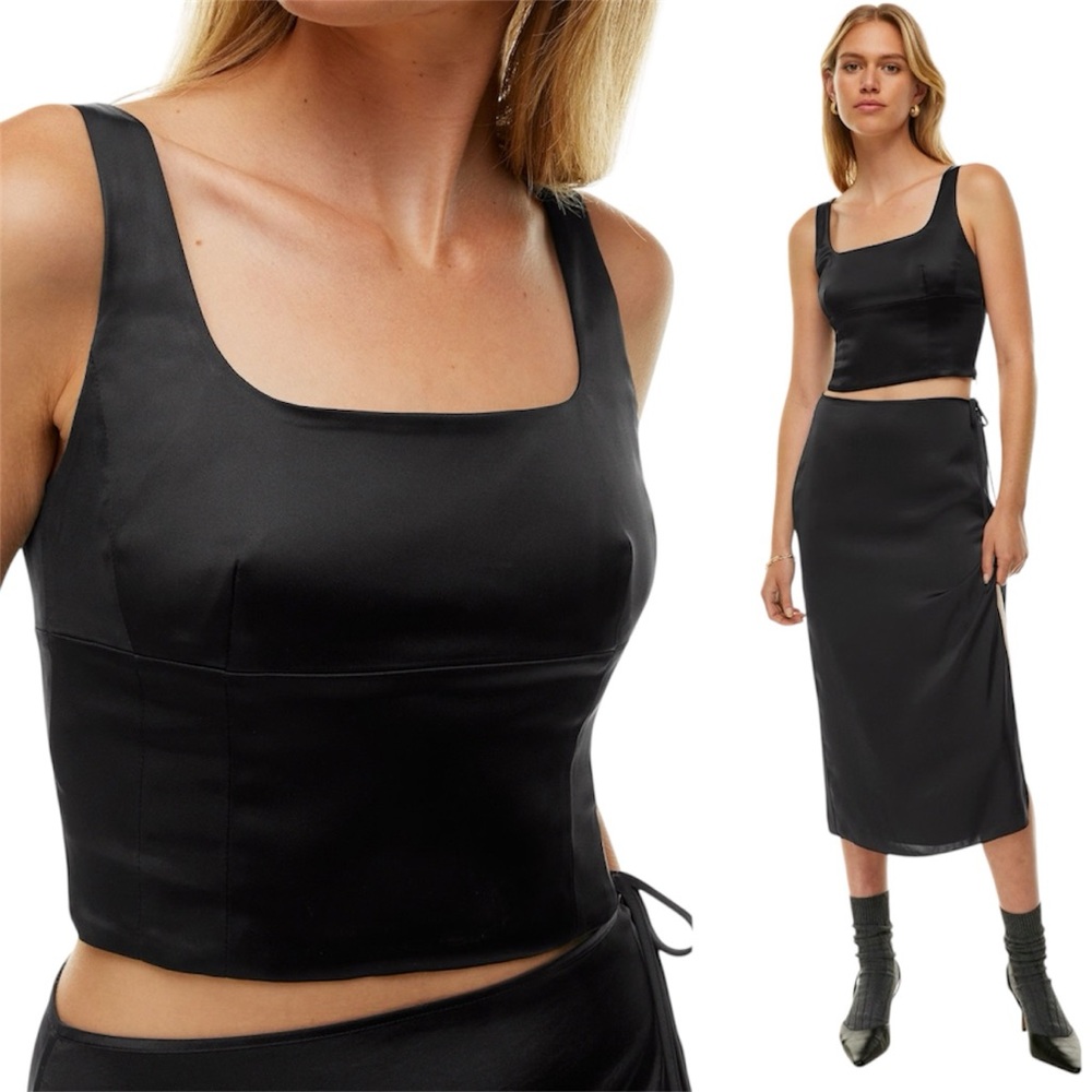 ARITZIA WILFRED Black Shine Faux Leather Cropped Bustier Top Blogger Fav S